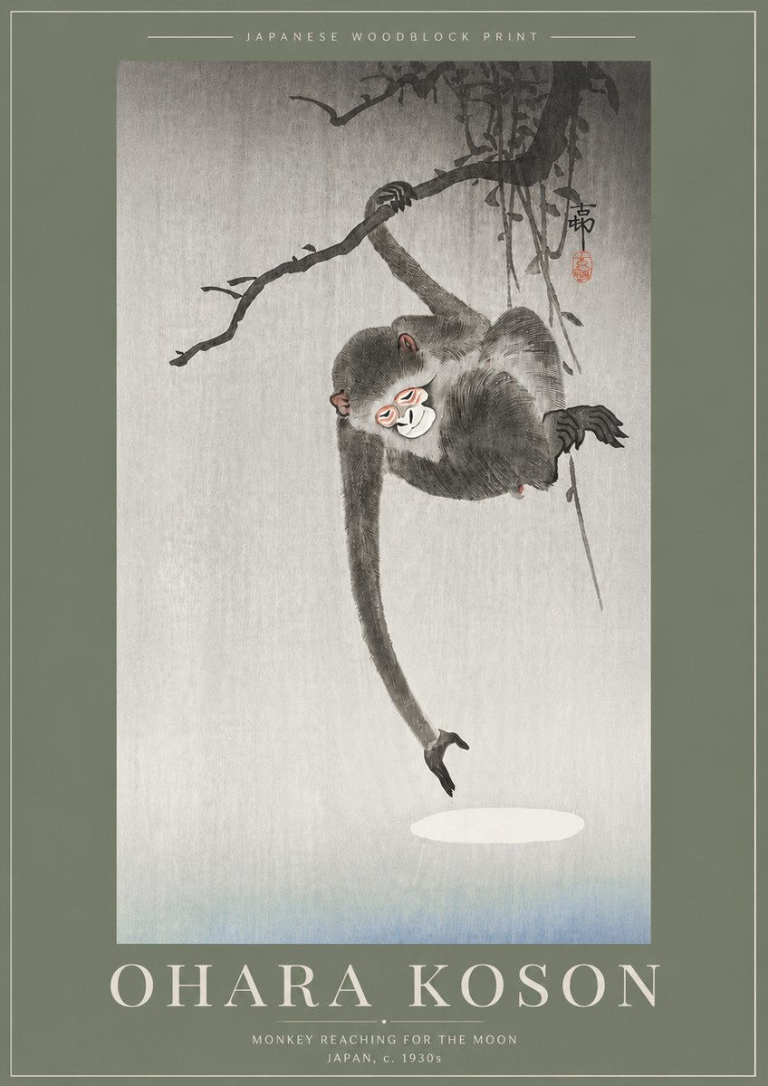 Ohara Koson Monkey Reaching for the Moon No5 - Juliste