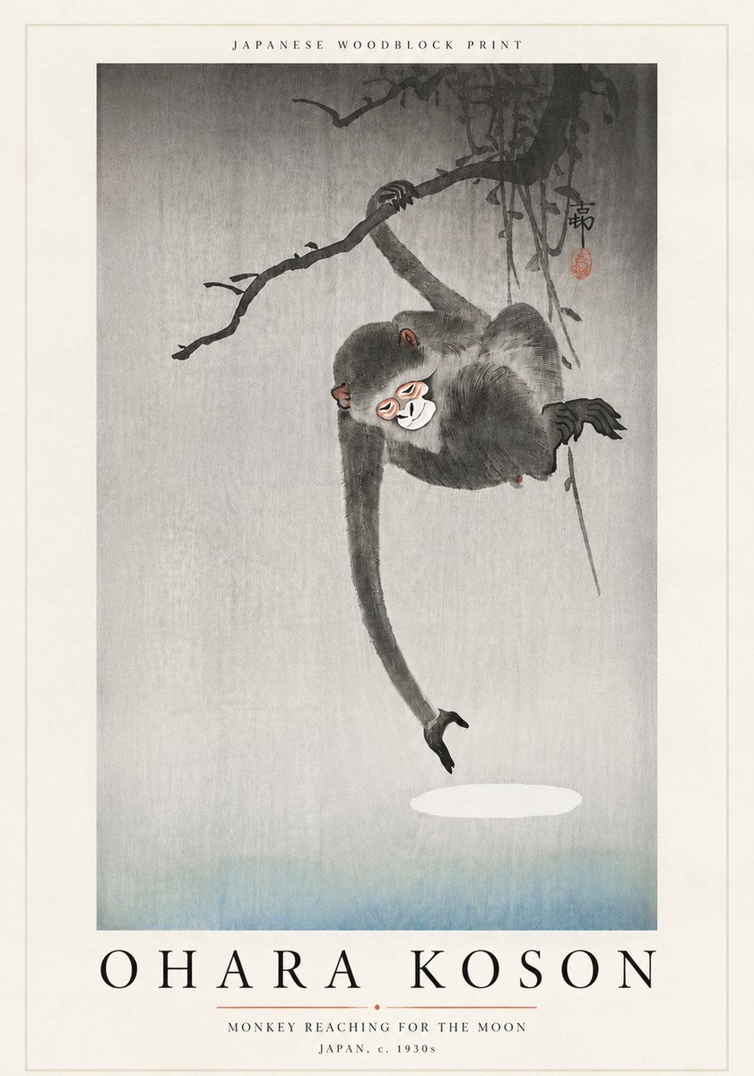 Ohara Koson Monkey Reaching for the Moon No6 - Juliste