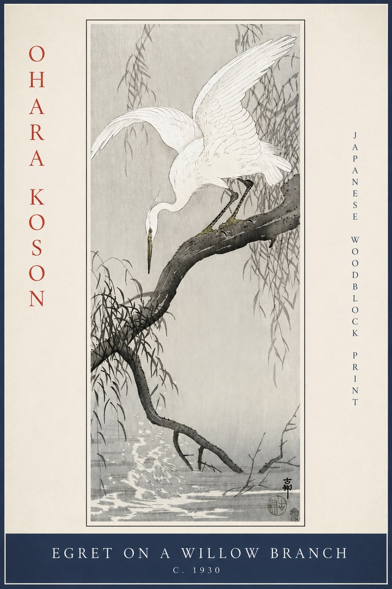 Ohara Koson Egret on a Willow Branch No2 - Juliste