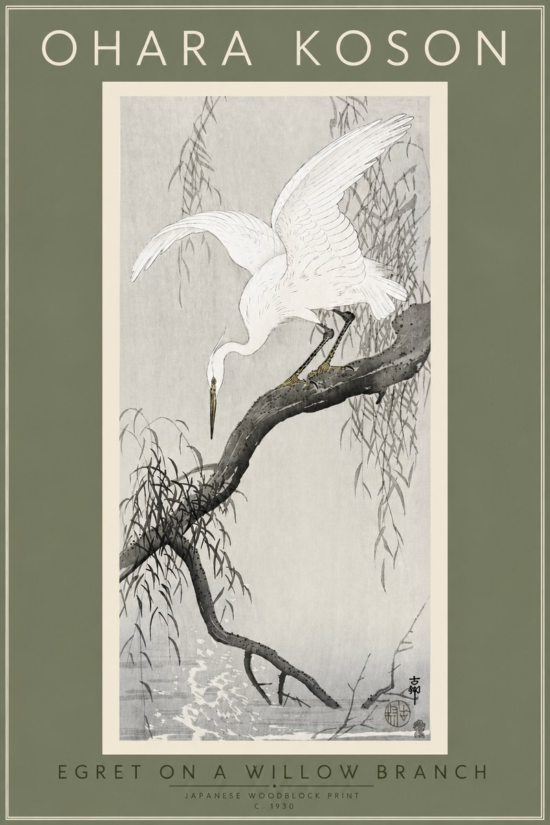 Ohara Koson Egret on a Willow Branch No4 - Juliste