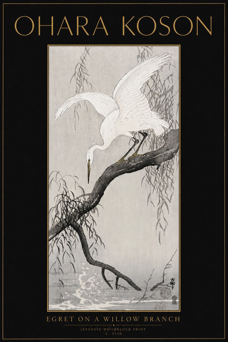 Ohara Koson Egret on a Willow Branch No5 - Juliste