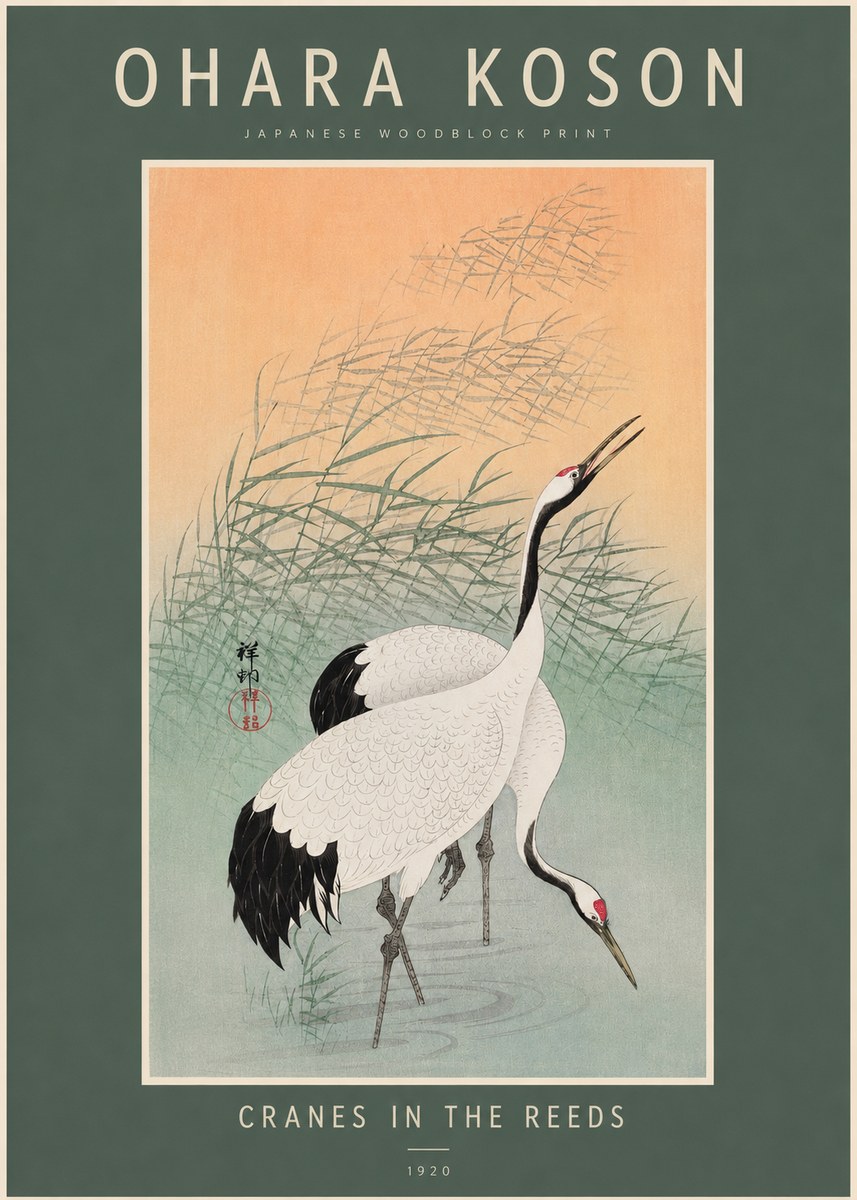 Ohara Koson Cranes in the Reeds No2 - Juliste