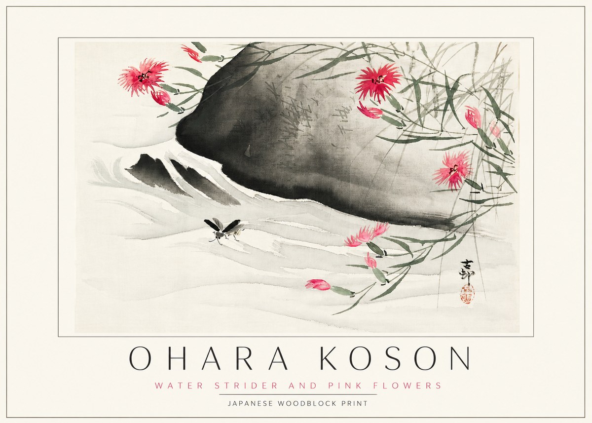 Ohara Koson Water Strider and Pink Flowers No3 - Juliste