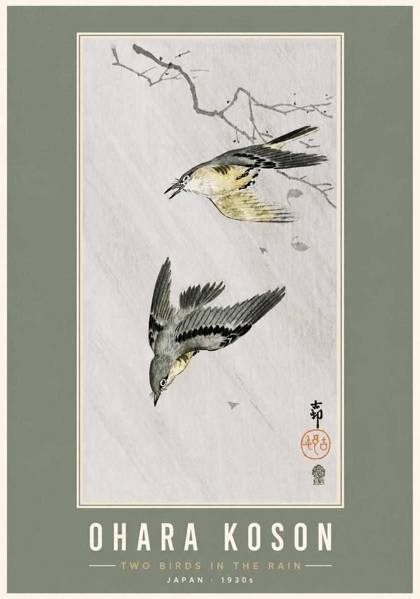 Ohara Koson Two Birds in the Rain No3 - Juliste