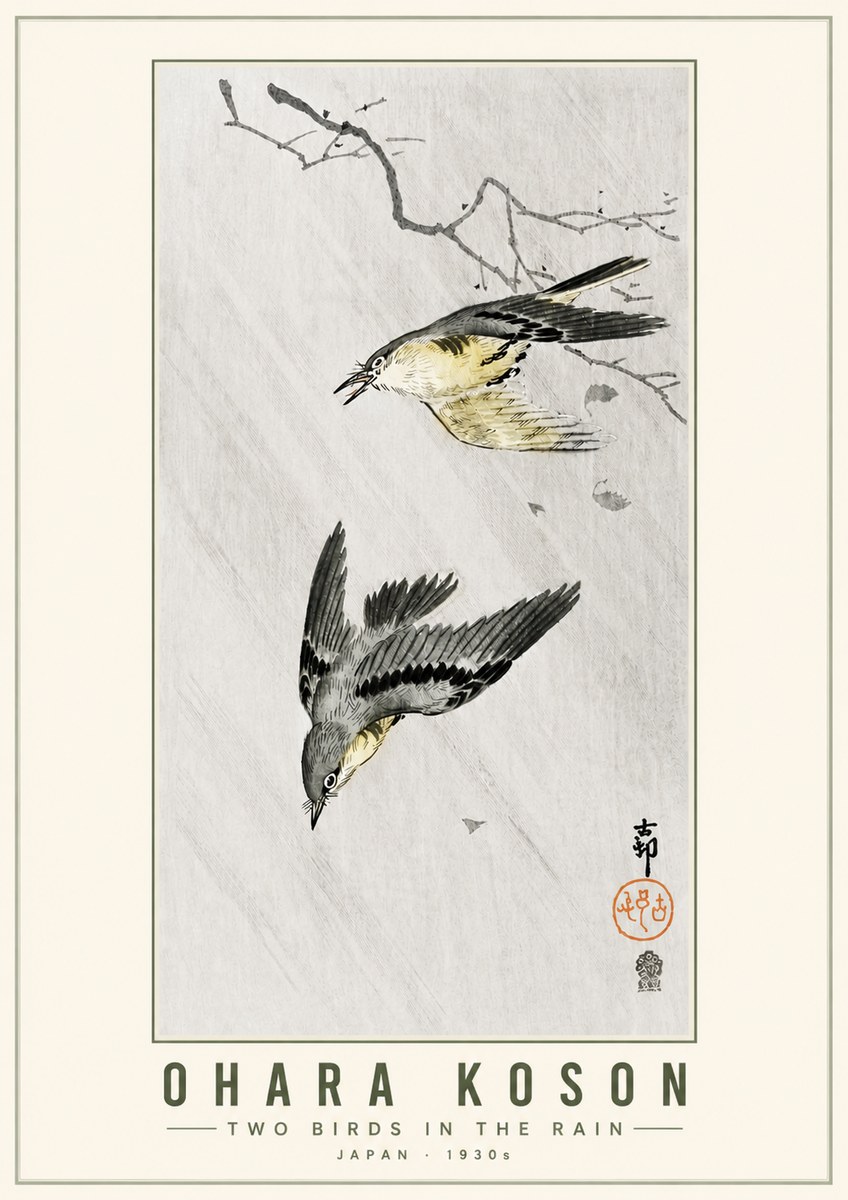 Ohara Koson Two Birds in the Rain No5 - Juliste