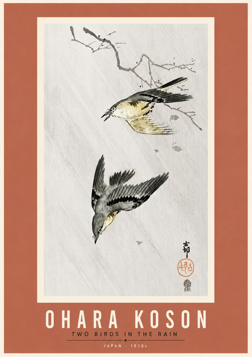 Ohara Koson Two Birds in the Rain No6 - Juliste