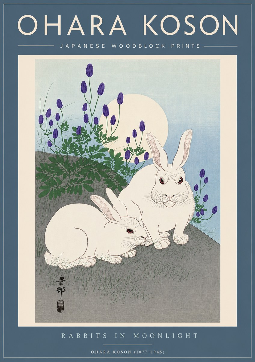 Ohara Koson Rabbits in Moonlight No5 - Juliste