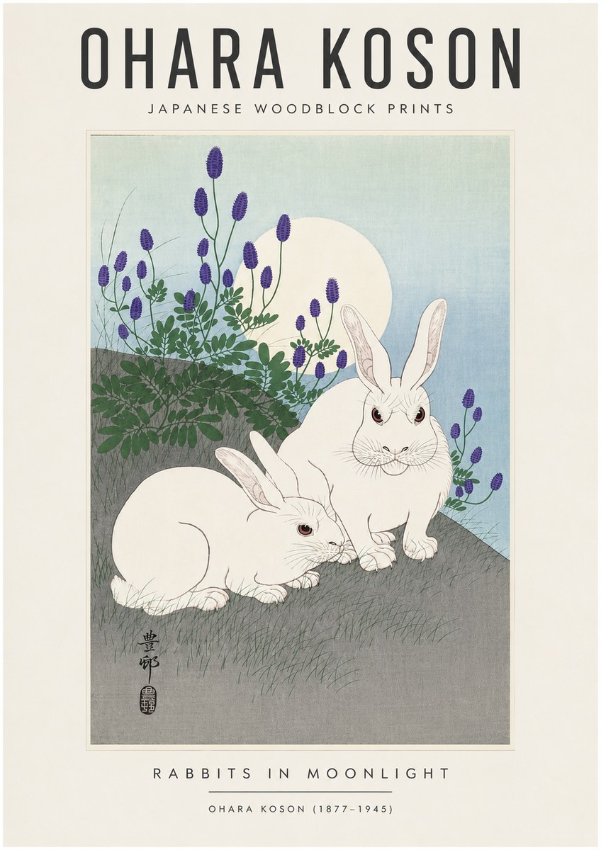 Ohara Koson Rabbits in Moonlight No6 - Juliste