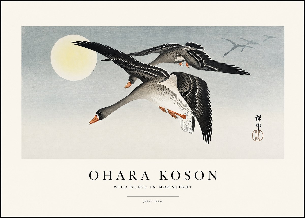 Ohara Koson Wild Geese in Moonlight III No1 - Juliste
