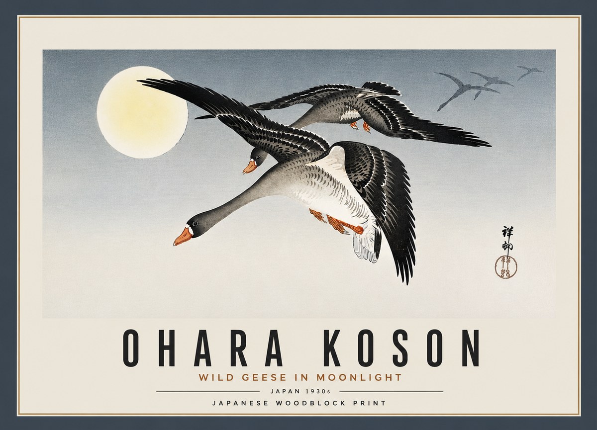 Ohara Koson Wild Geese in Moonlight III No4 - Juliste