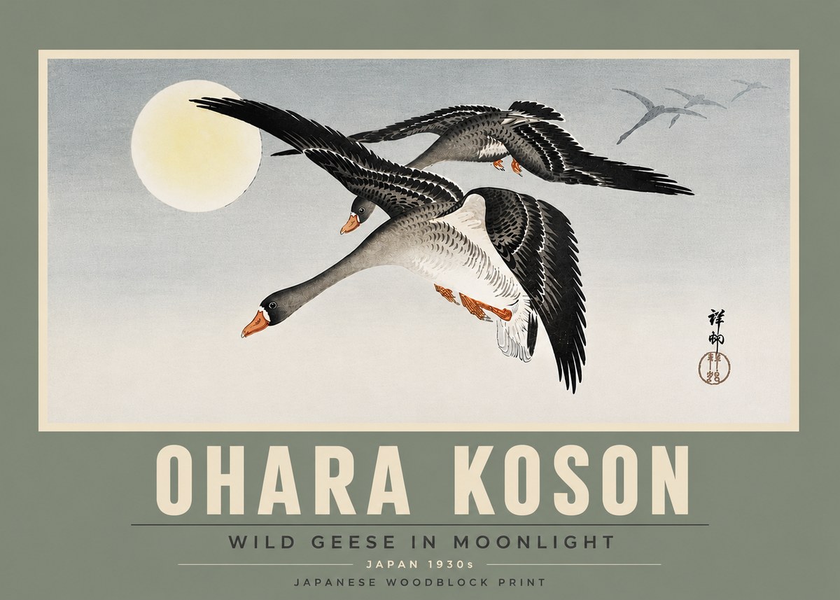 Ohara Koson Wild Geese in Moonlight III No5 - Juliste