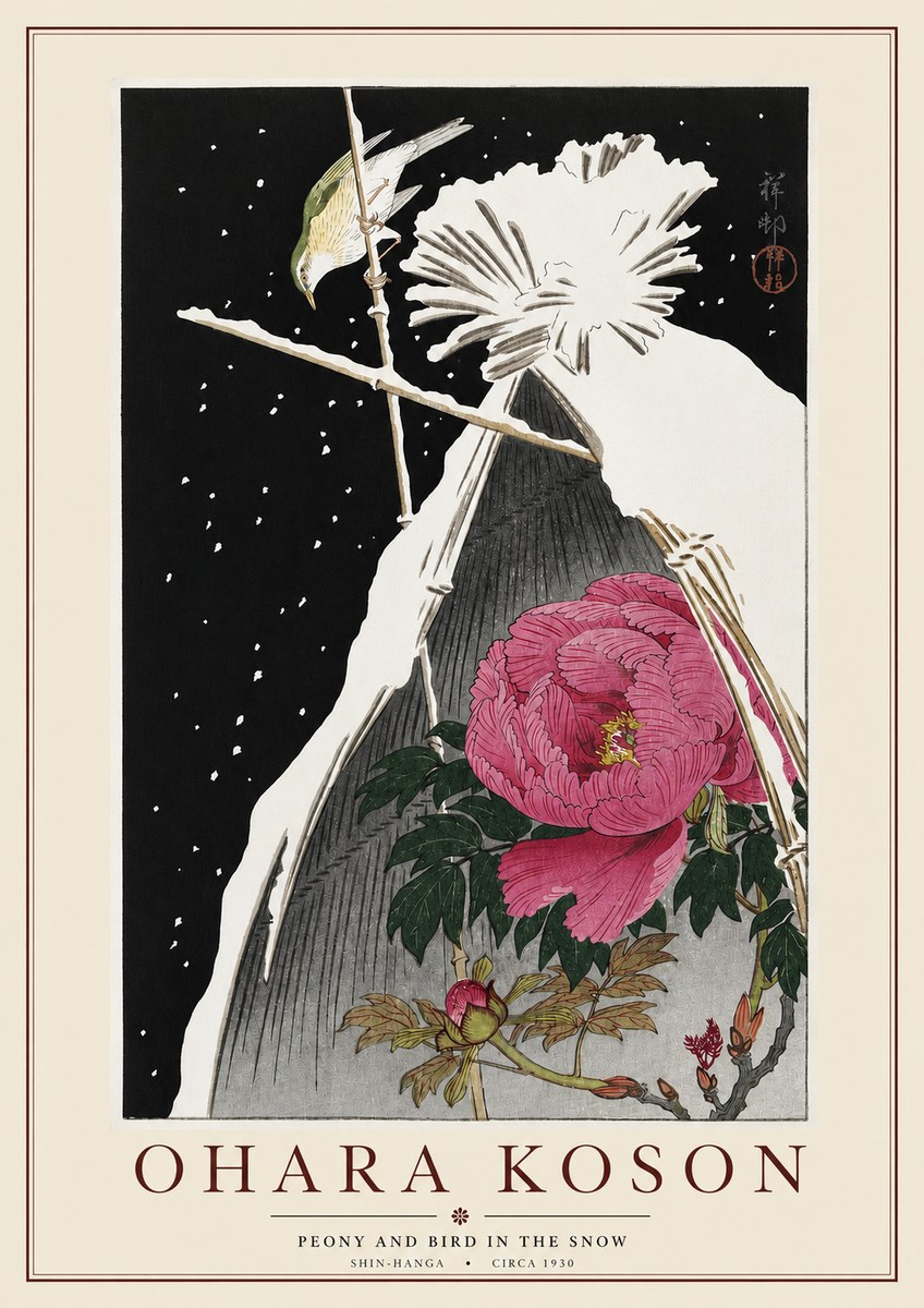 Ohara Koson Peony and Bird in the Snow No3 - Juliste