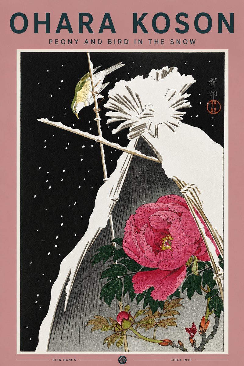 Ohara Koson Peony and Bird in the Snow No5 - Juliste