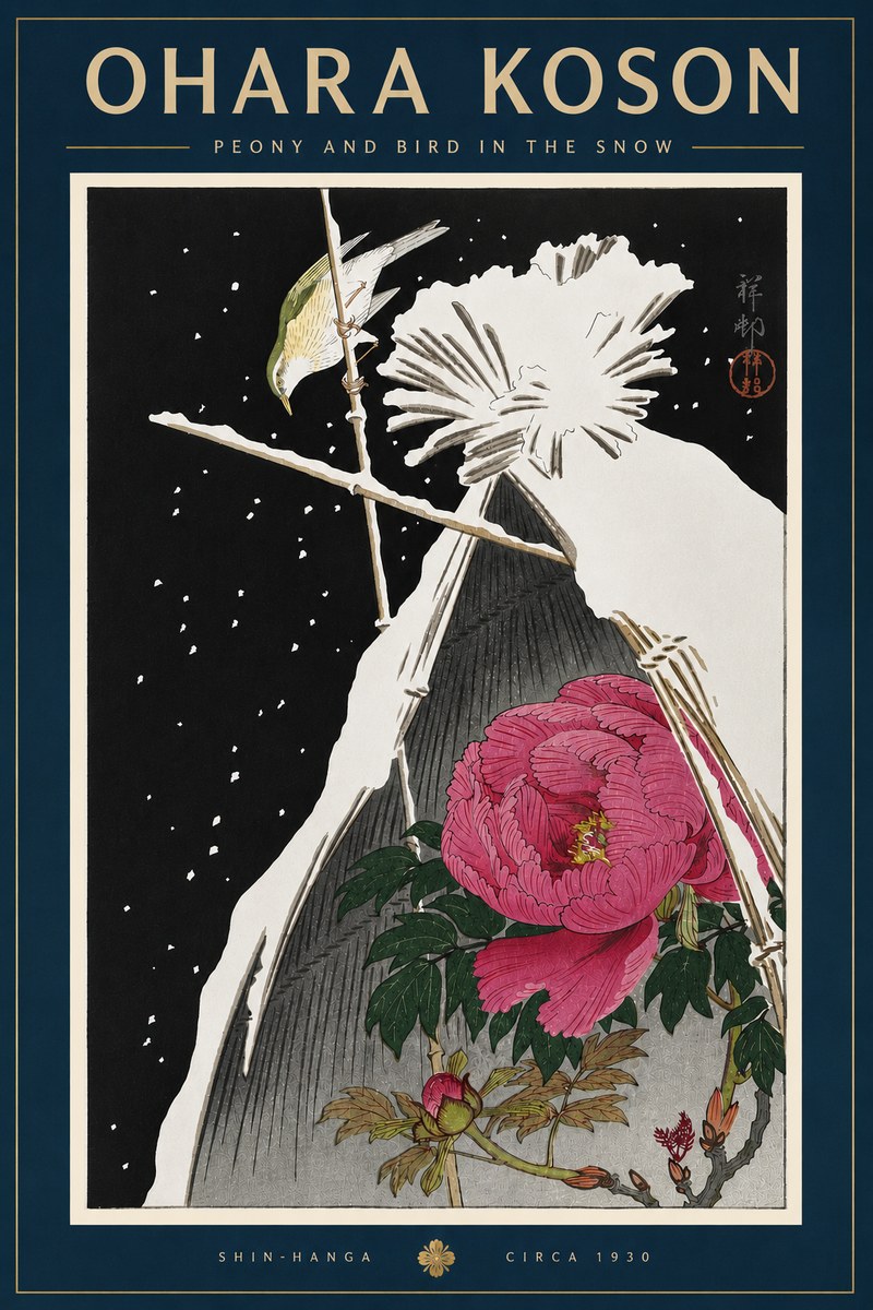Ohara Koson Peony and Bird in the Snow No6 - Juliste