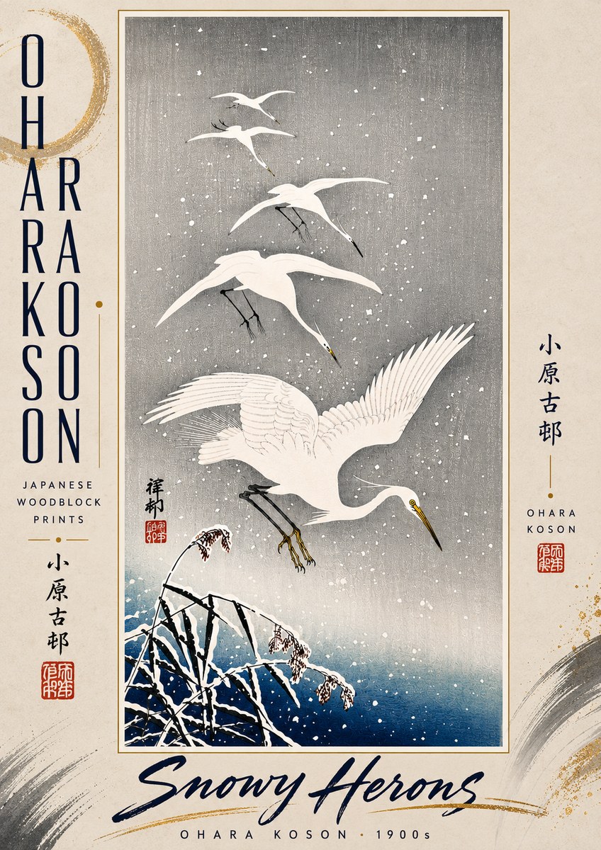 Ohara Koson Snowy Herons No5 - Juliste