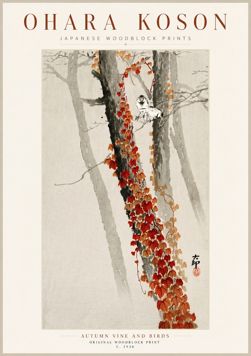 Ohara Koson Autumn Vine and Birds No5 - Juliste