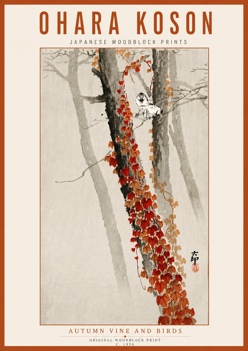Ohara Koson Autumn Vine and Birds No6 - Juliste