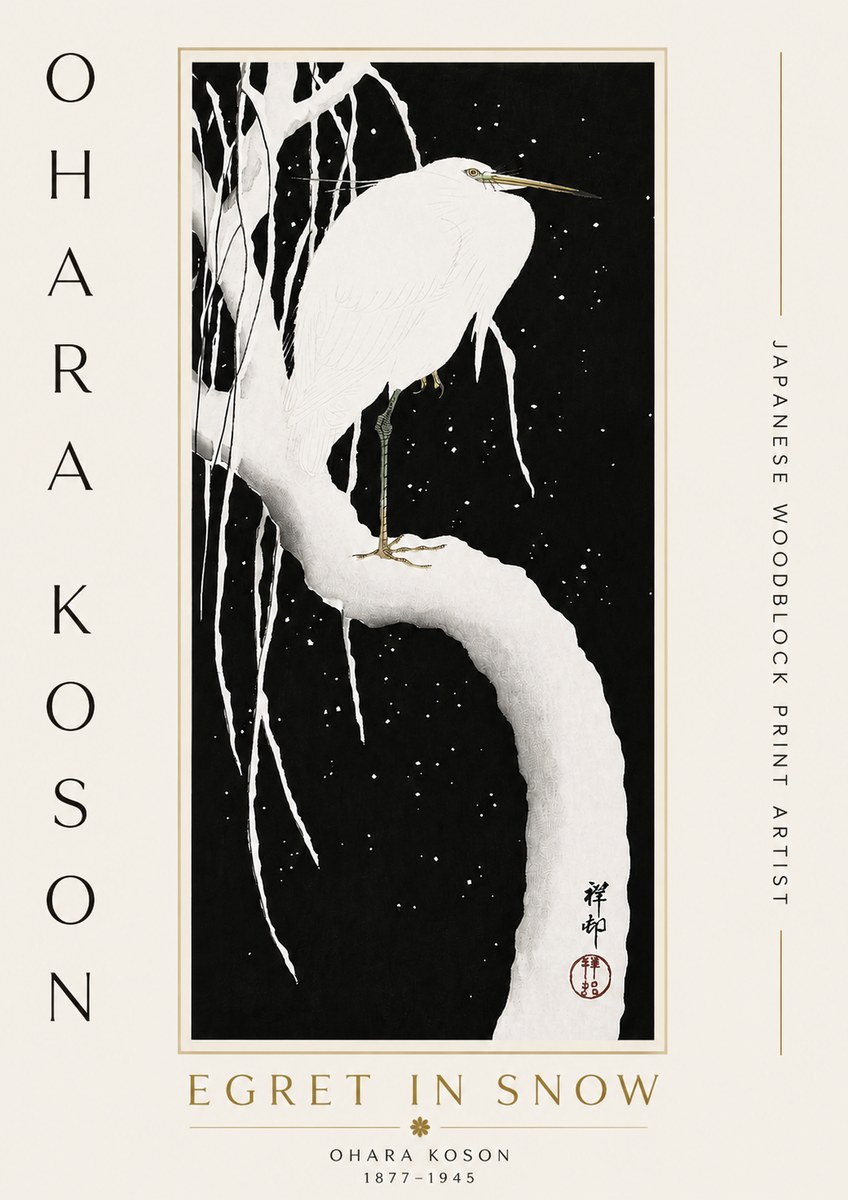 Ohara Koson Egret in Snow No5 - Juliste