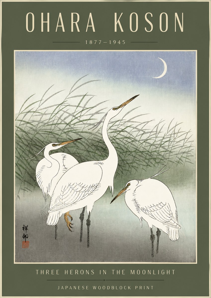 Ohara Koson Three Herons in the Moonlight No4 - Juliste