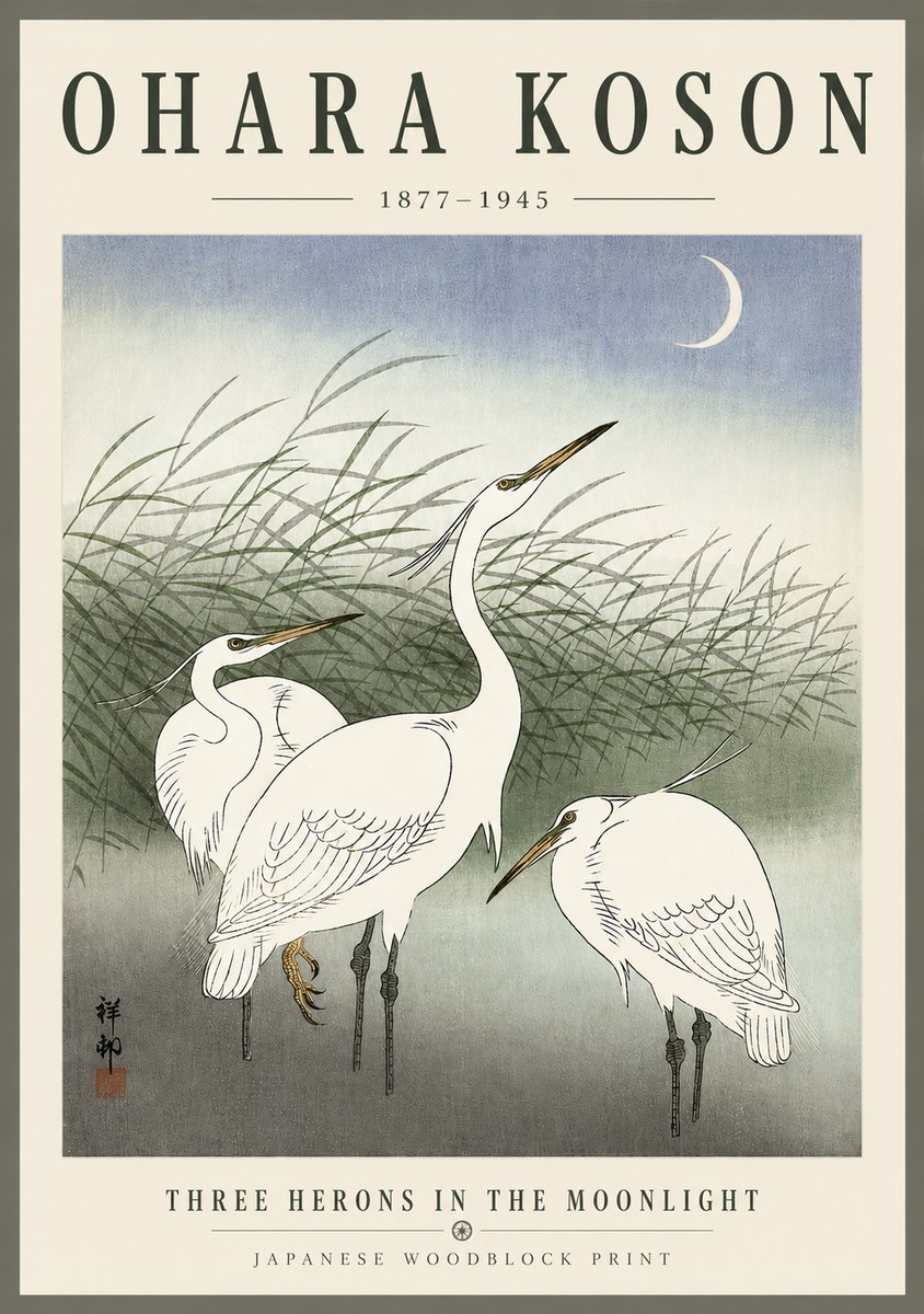 Ohara Koson Three Herons in the Moonlight No6 - Juliste