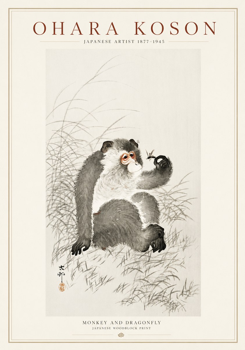 Ohara Koson Monkey and Dragonfly No1 - Juliste