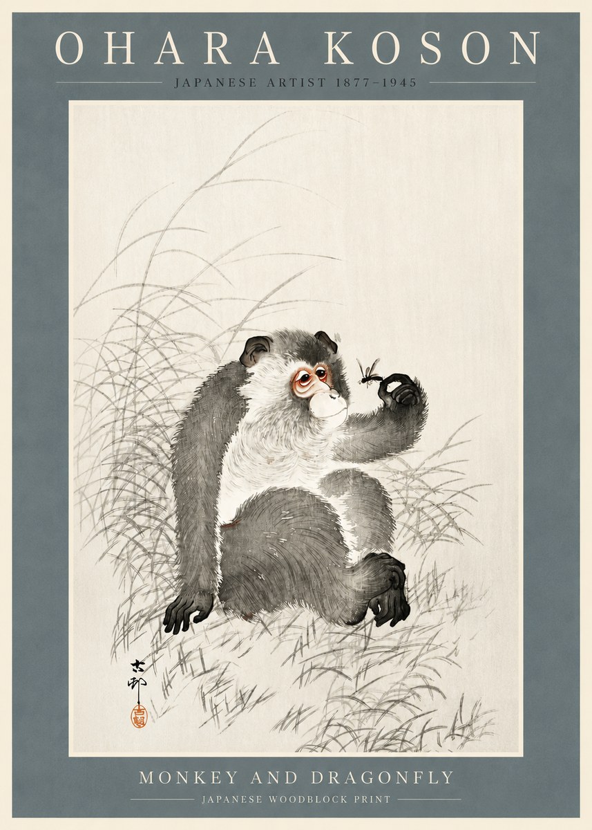 Ohara Koson Monkey and Dragonfly No2 - Juliste