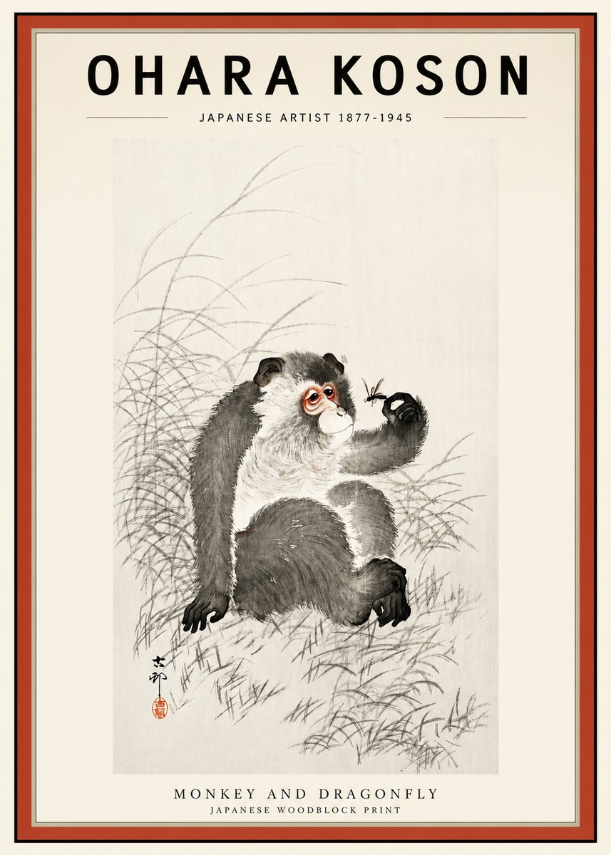 Ohara Koson Monkey and Dragonfly No3 - Juliste