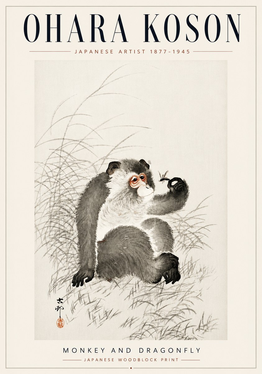 Ohara Koson Monkey and Dragonfly No5 - Juliste