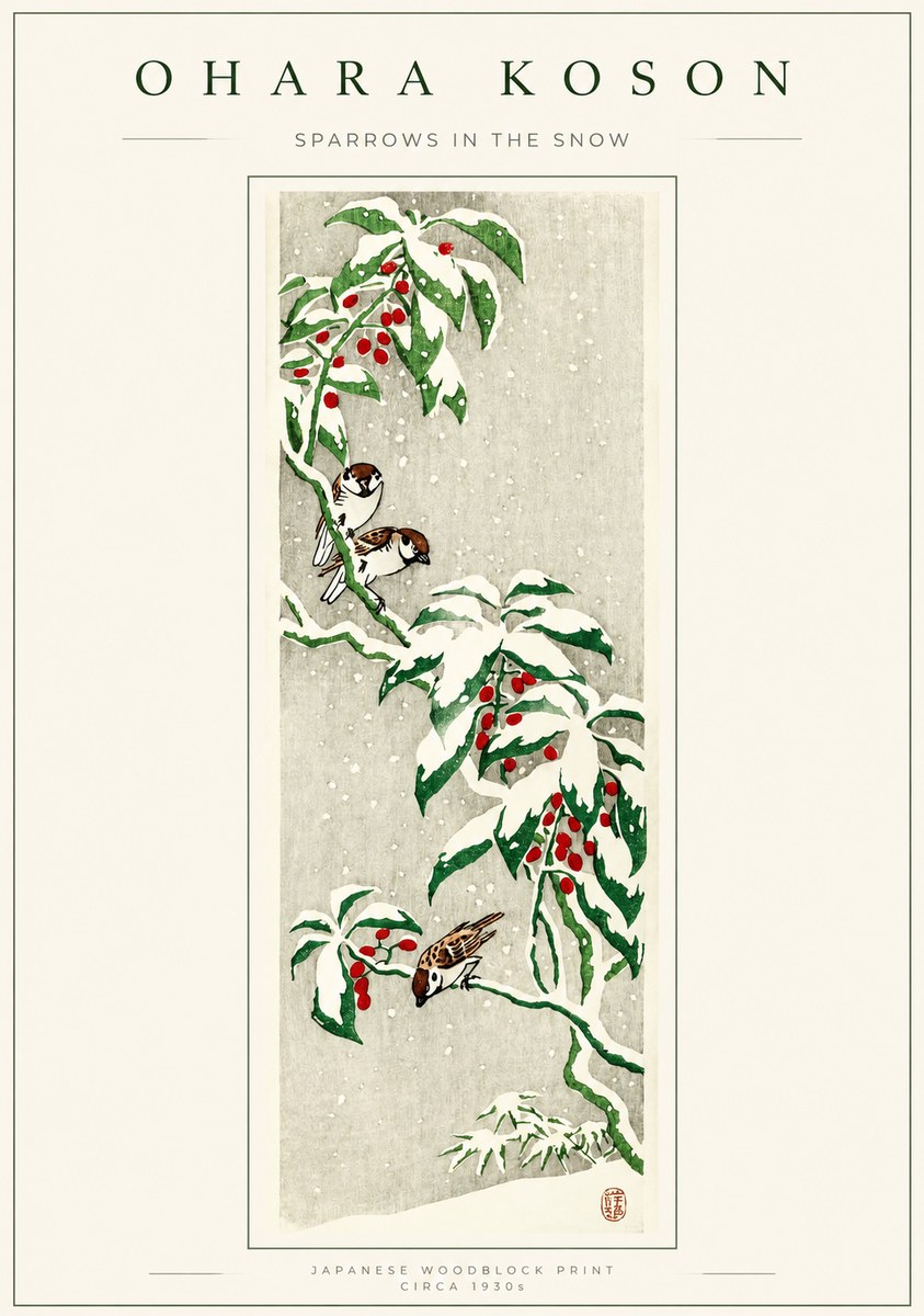 Ohara Koson Sparrows in the Snow No1 - Juliste