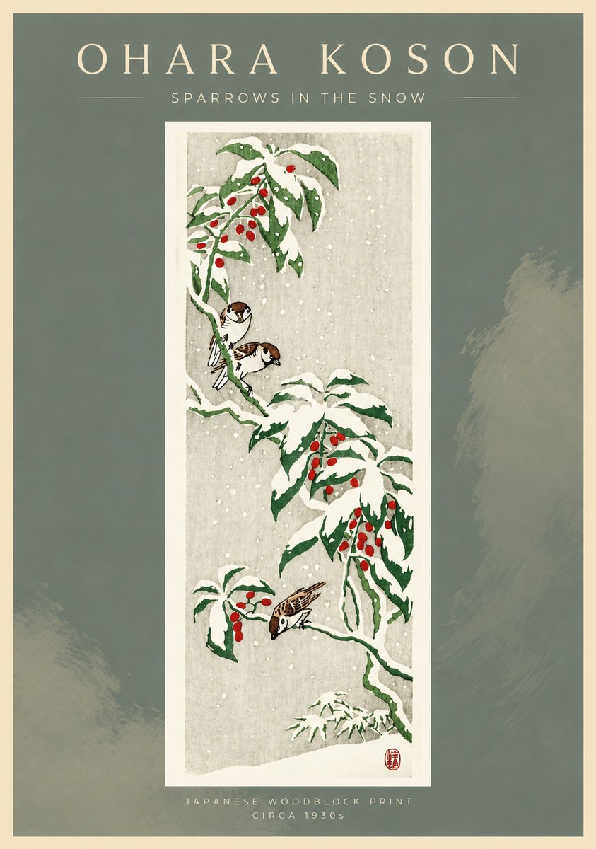 Ohara Koson Sparrows in the Snow No4 - Juliste