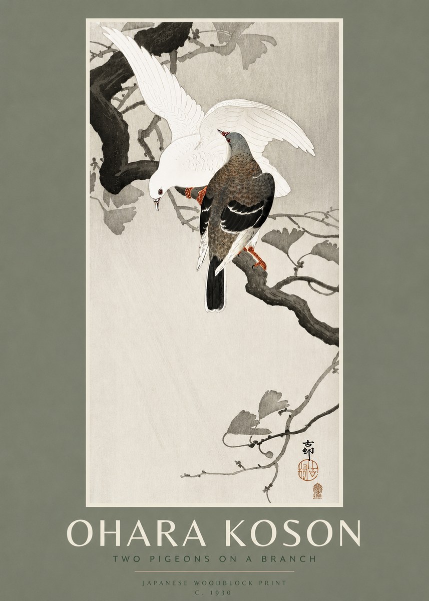 Ohara Koson Two Pigeons on a Branch No2 - Juliste