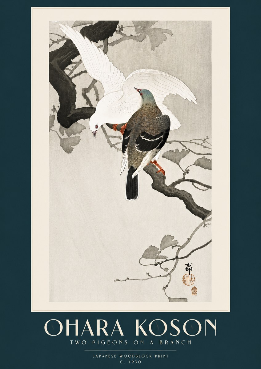 Ohara Koson Two Pigeons on a Branch No5 - Juliste