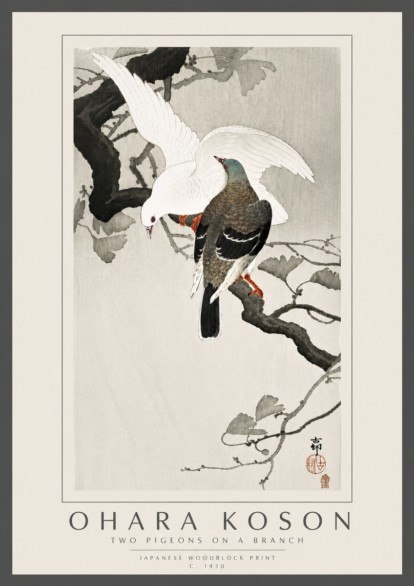 Ohara Koson Two Pigeons on a Branch No6 - Juliste