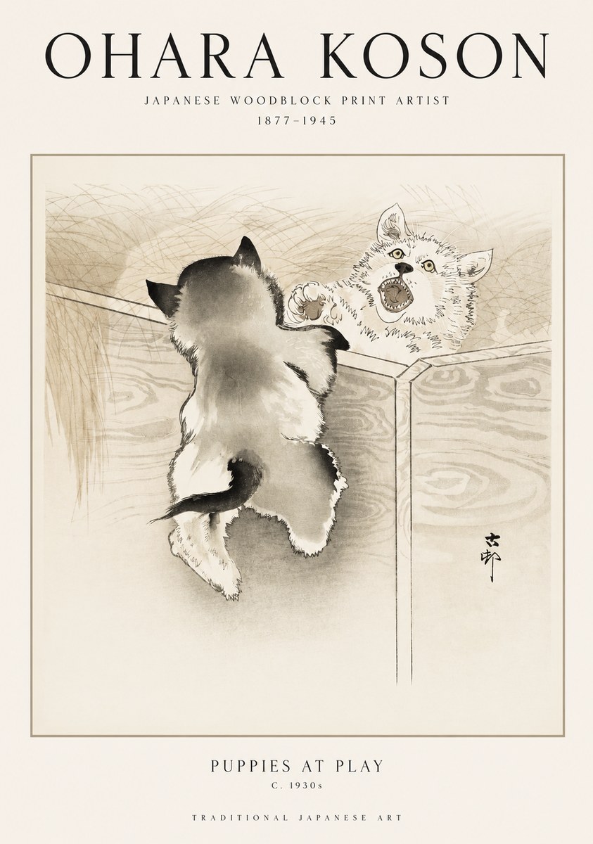 Ohara Koson Puppies at Play No1 - Juliste