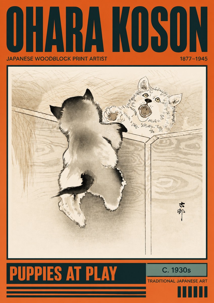 Ohara Koson Puppies at Play No2 - Juliste