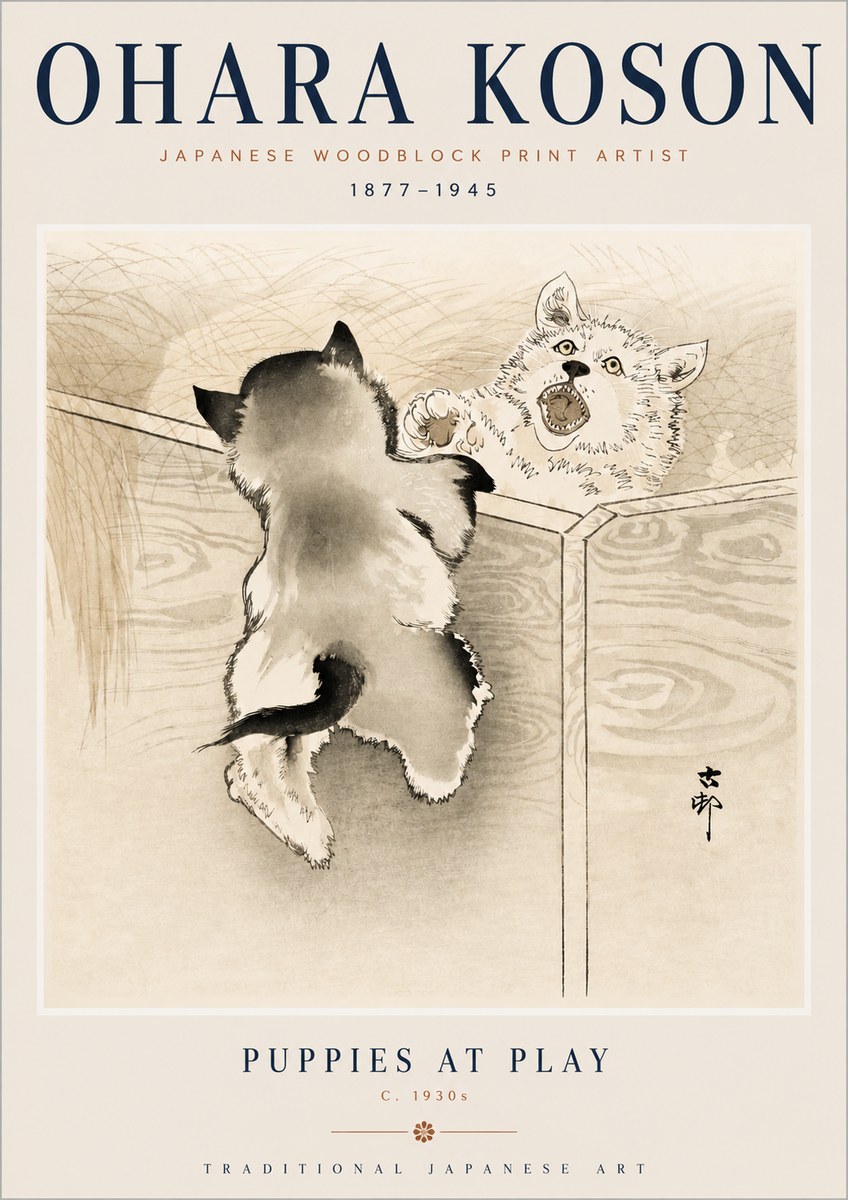 Ohara Koson Puppies at Play No3 - Juliste