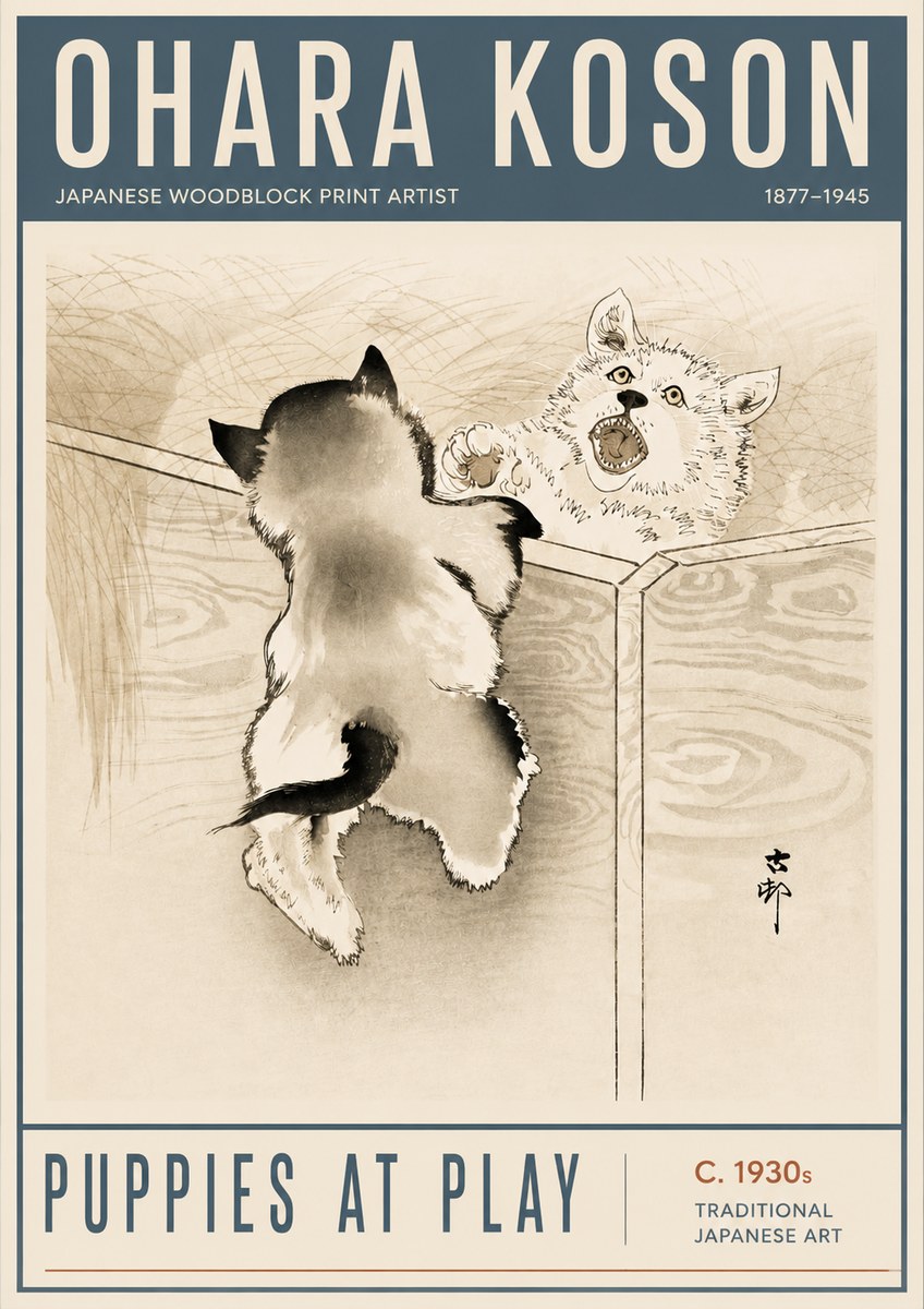 Ohara Koson Puppies at Play No6 - Juliste