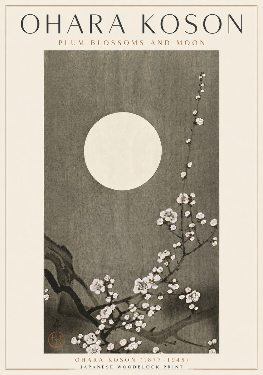 Ohara Koson Plum Blossoms and Moon No4 - Juliste