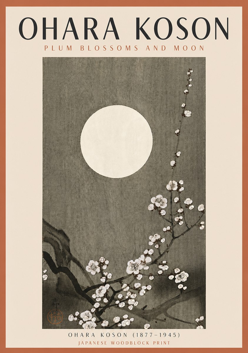 Ohara Koson Plum Blossoms and Moon No5 - Juliste
