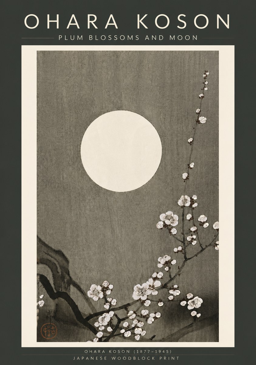 Ohara Koson Plum Blossoms and Moon No6 - Juliste