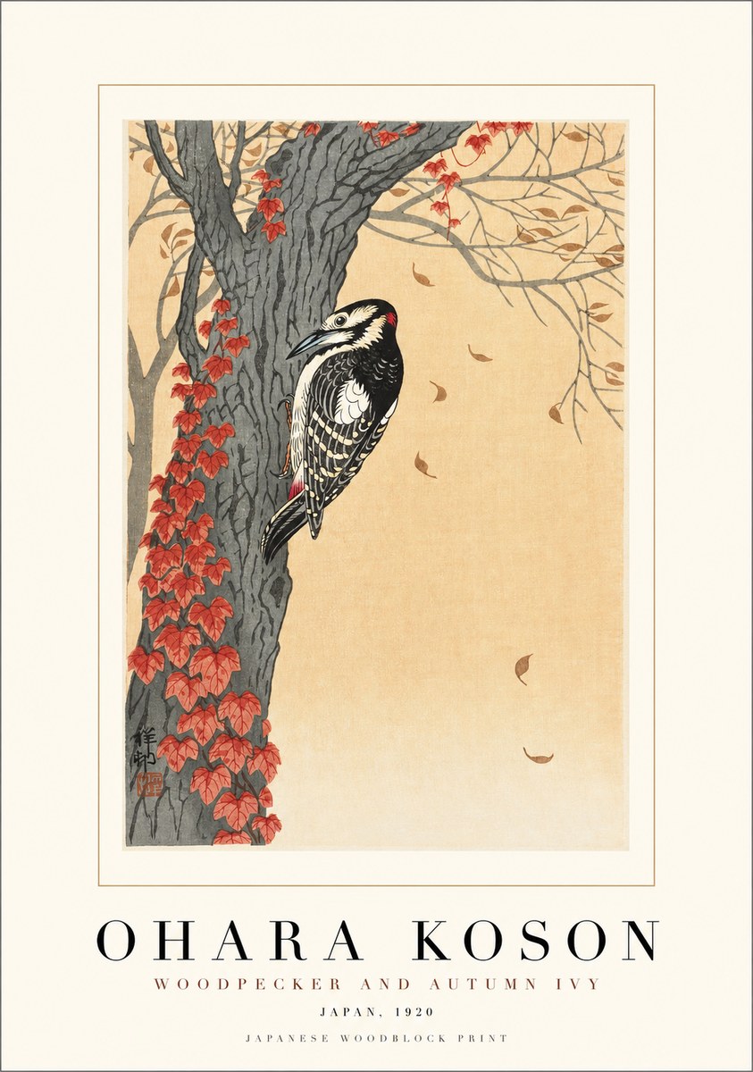 Ohara Koson Woodpecker and Autumn Ivy No1 - Juliste