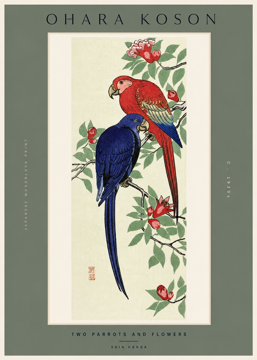 Ohara Koson Two Parrots and Flowers No2 - Juliste