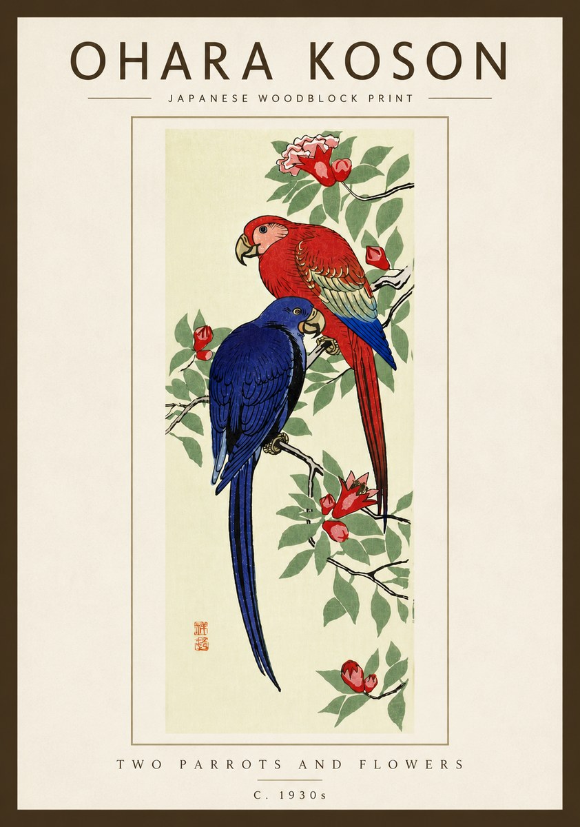 Ohara Koson Two Parrots and Flowers No5 - Juliste