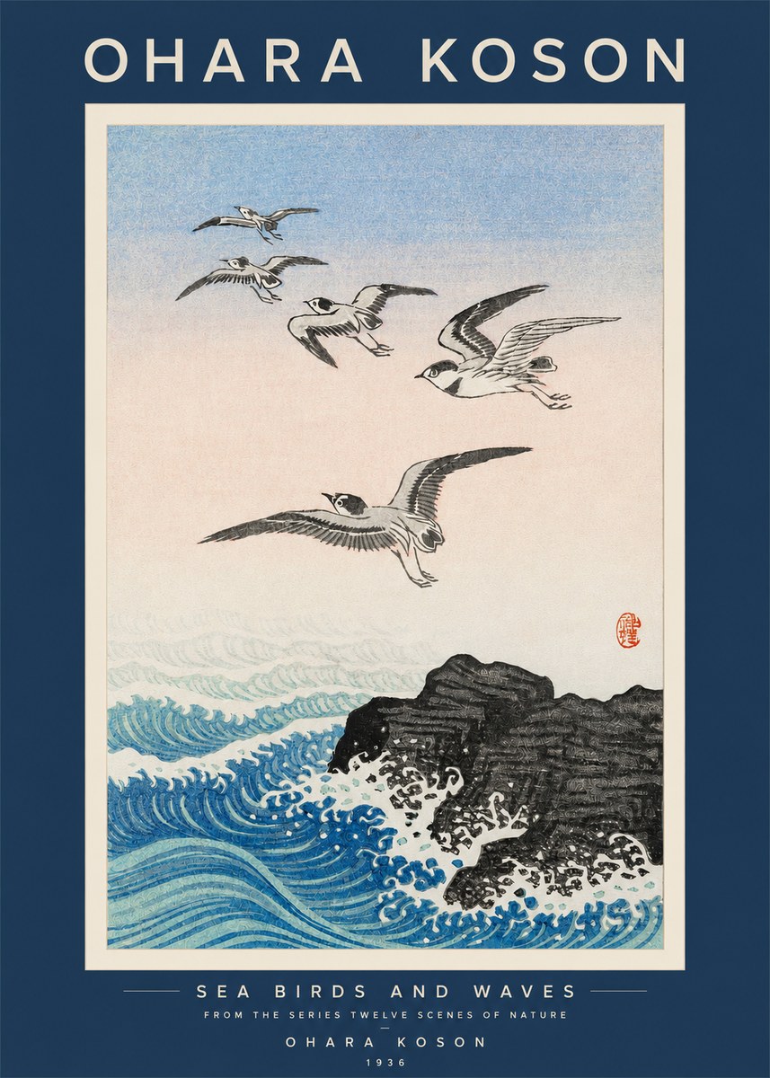 Ohara Koson Sea Birds and Waves No2 - Juliste