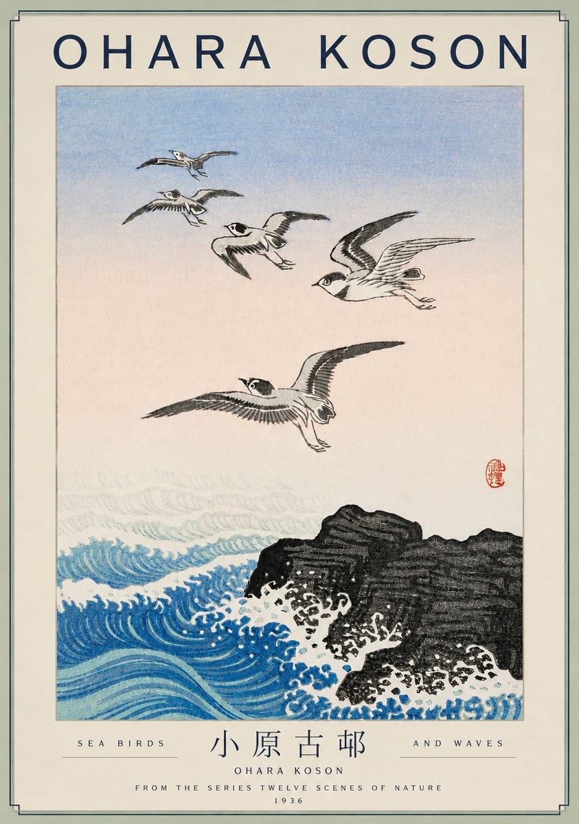 Ohara Koson Sea Birds and Waves No4 - Juliste