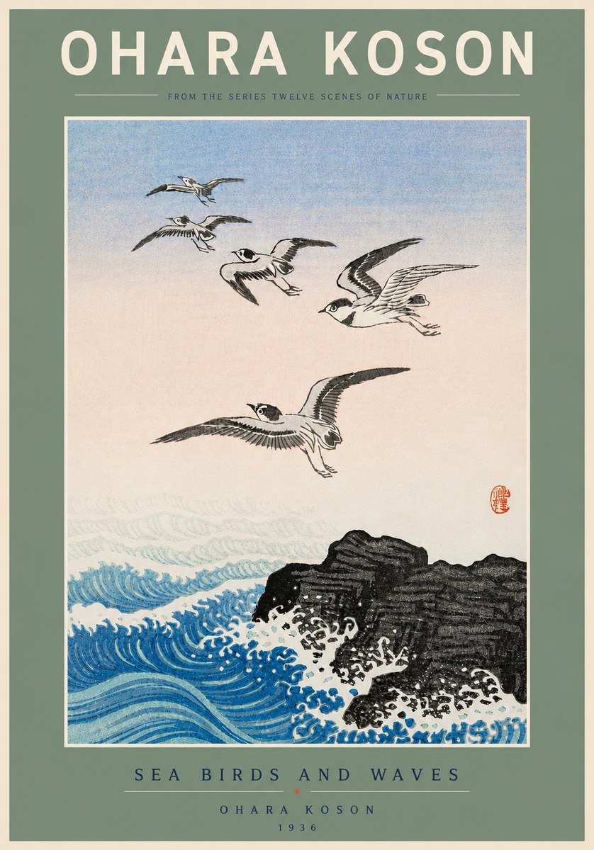 Ohara Koson Sea Birds and Waves No5 - Juliste