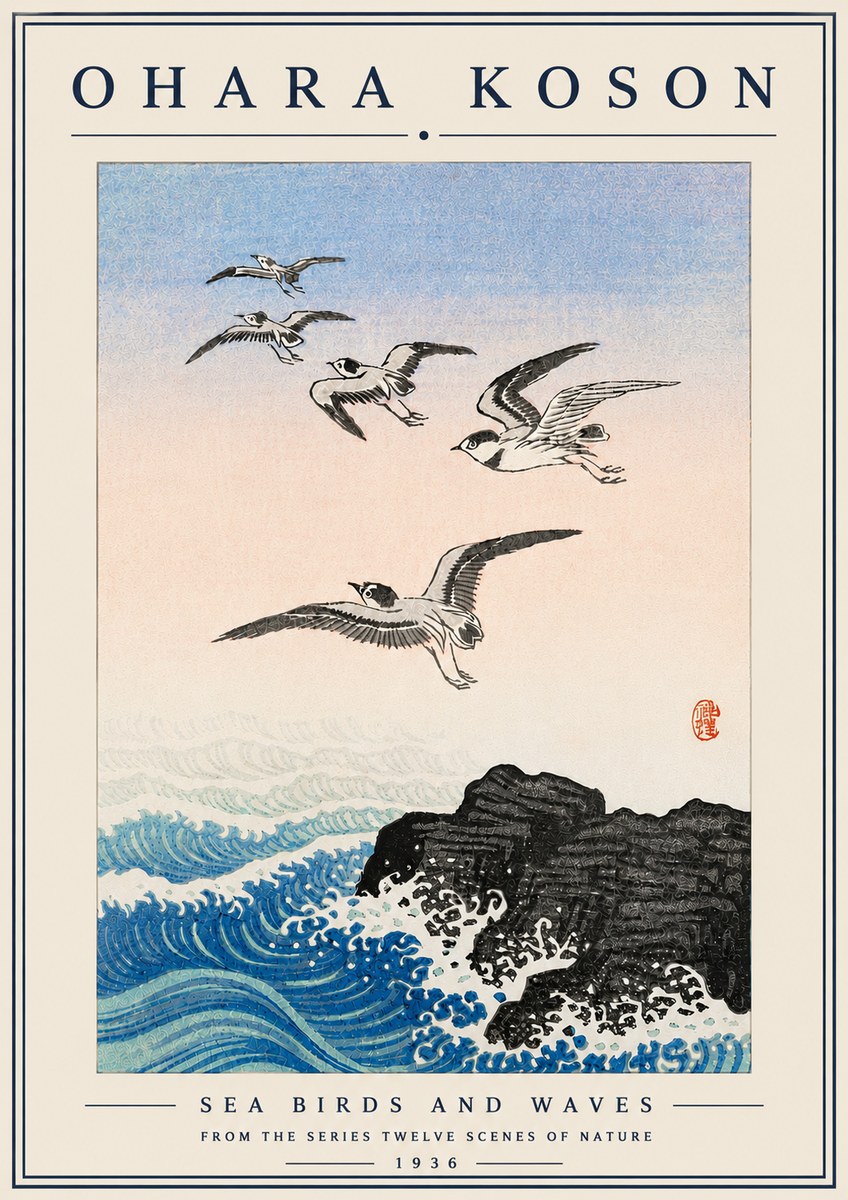 Ohara Koson Sea Birds and Waves No6 - Juliste