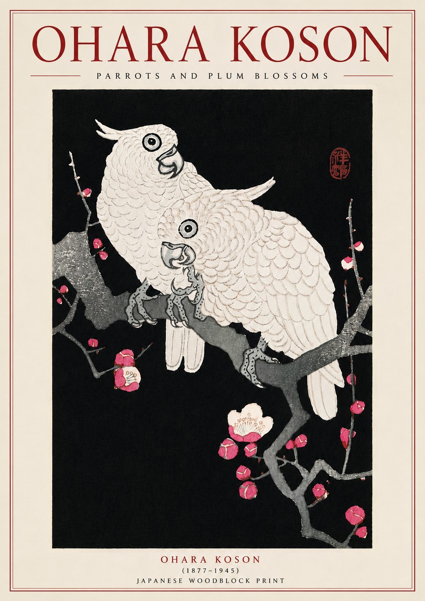 Ohara Koson Parrots and Plum Blossoms No5 - Juliste