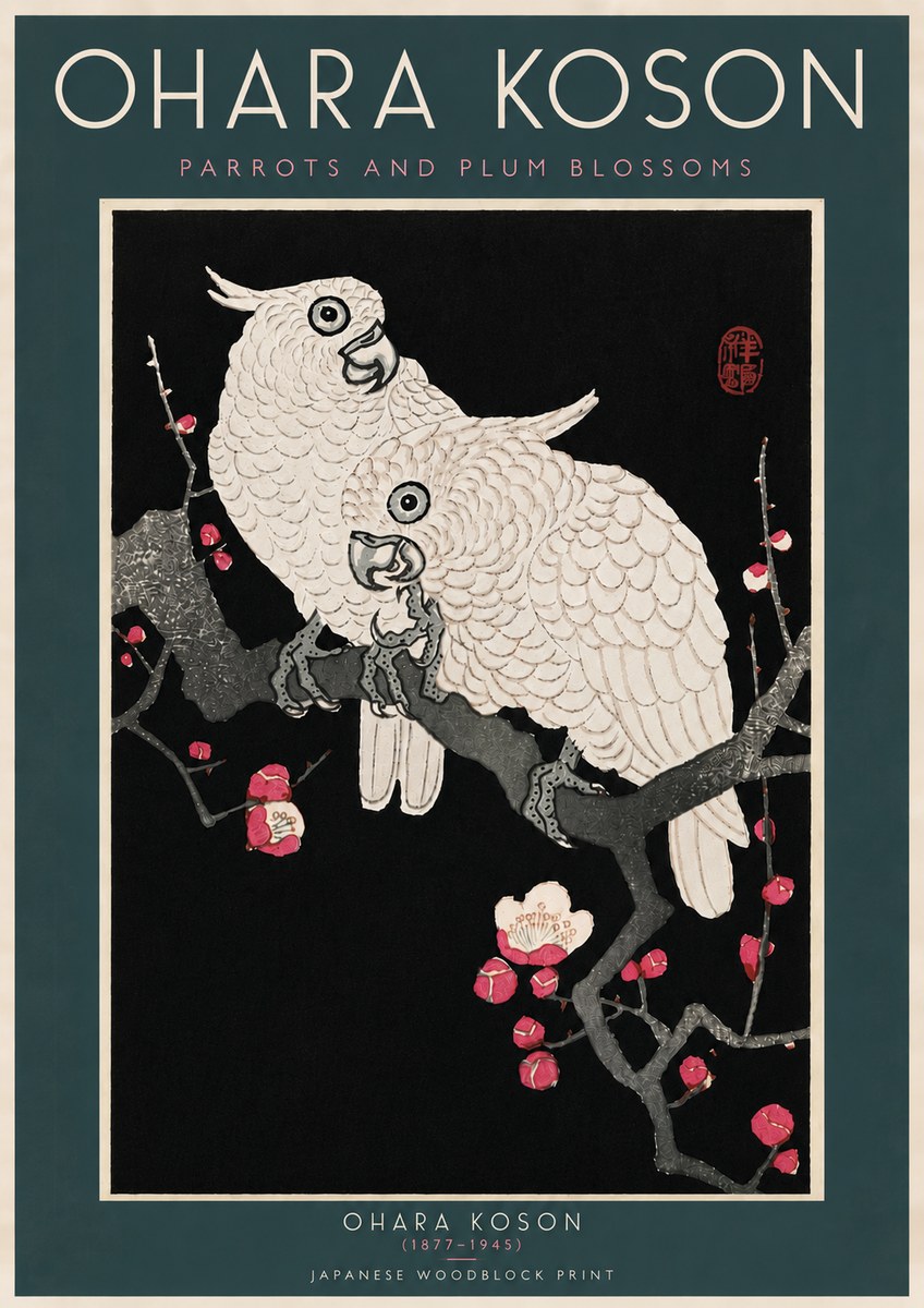 Ohara Koson Parrots and Plum Blossoms No6 - Juliste