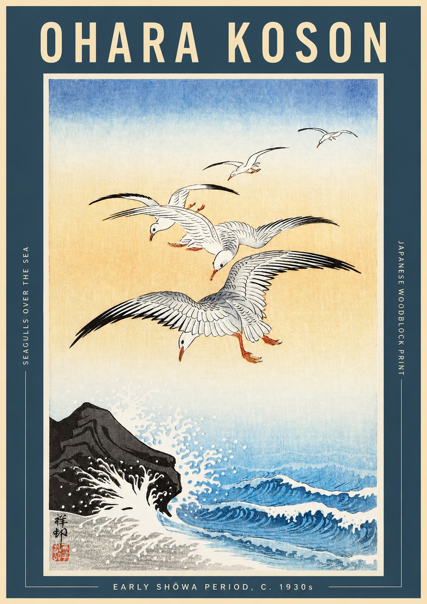 Ohara Koson Seagulls over the Sea No2 - Juliste